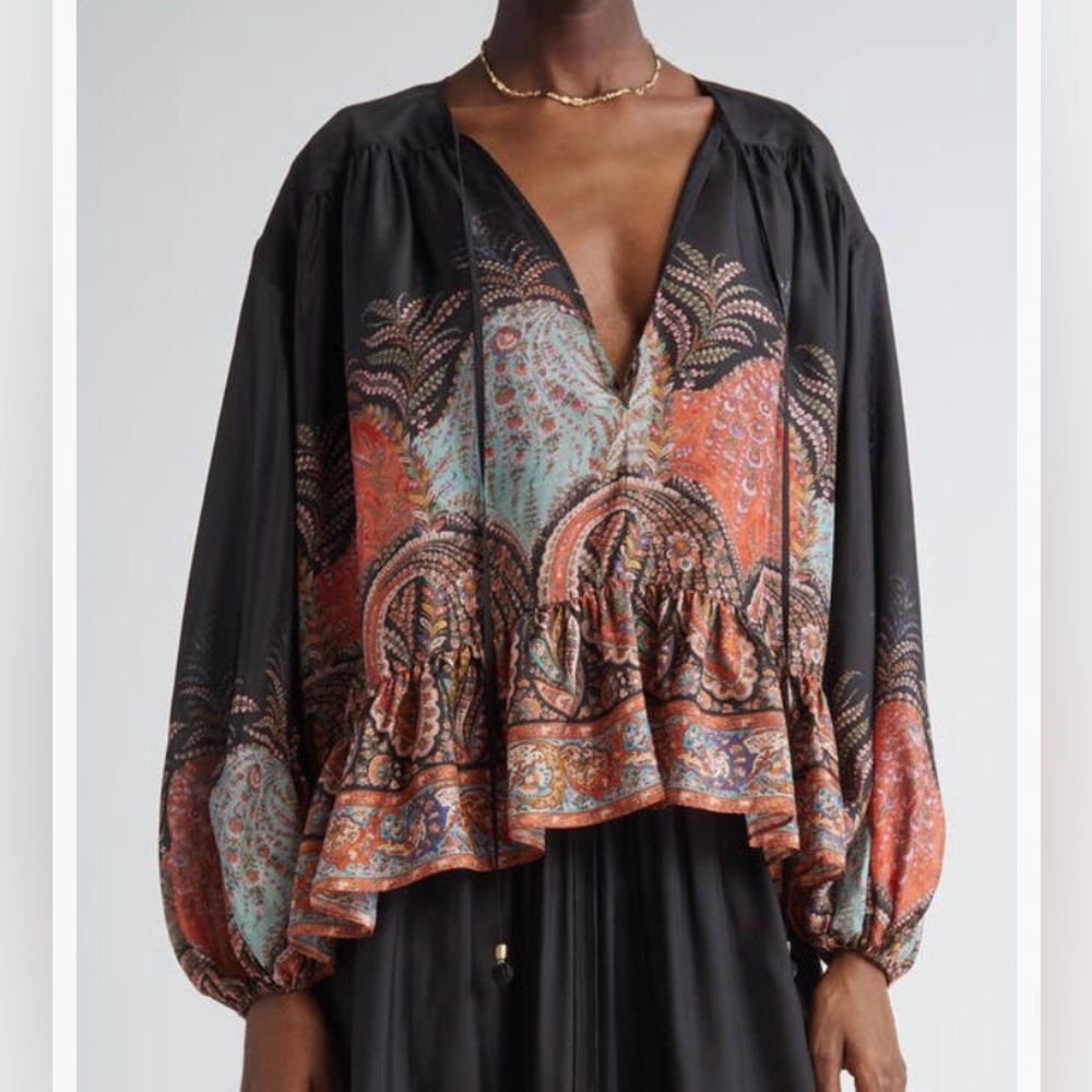 NWT $795 Zimmermann Rhiannon Ruffle Billow Top, Black Paisley, 3 (fits like 10)!